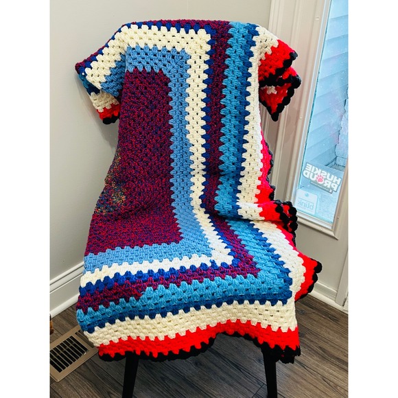 Handmade Crochet Afghan Blanket Multicolor Granny Stripe Throw Retro Cozy Home - Picture 1 of 3